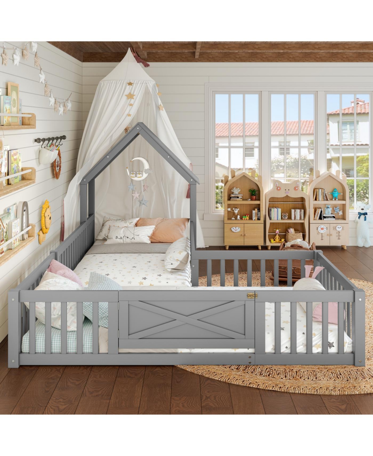 Streamdale Furniture Streamdale Twin Size House Floor Bed with Door and Guardrails, Grey