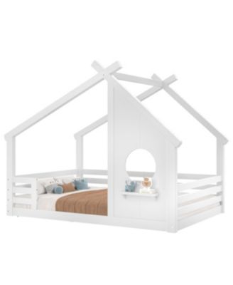 Full House Floor Bed with Window & Shelf, Solid Wood, White