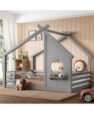  Full House Floor Bed with Window & Shelf, Solid Wood, Grey