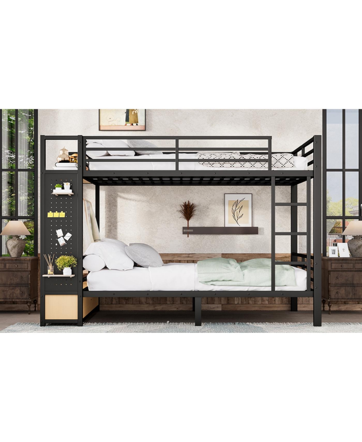 Streamdale Furniture Queen over Queen Metal Bunk Bed with Storage Shelves and Drawers