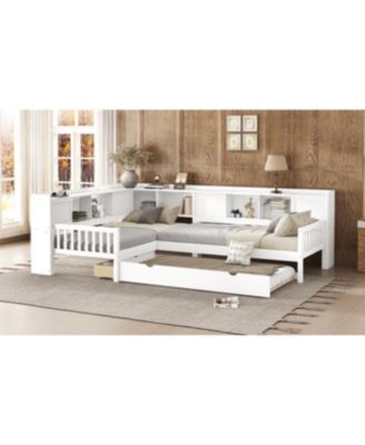 L-shaped Twin Platform Bed with Trundle, Storage Drawers & Shelves, White