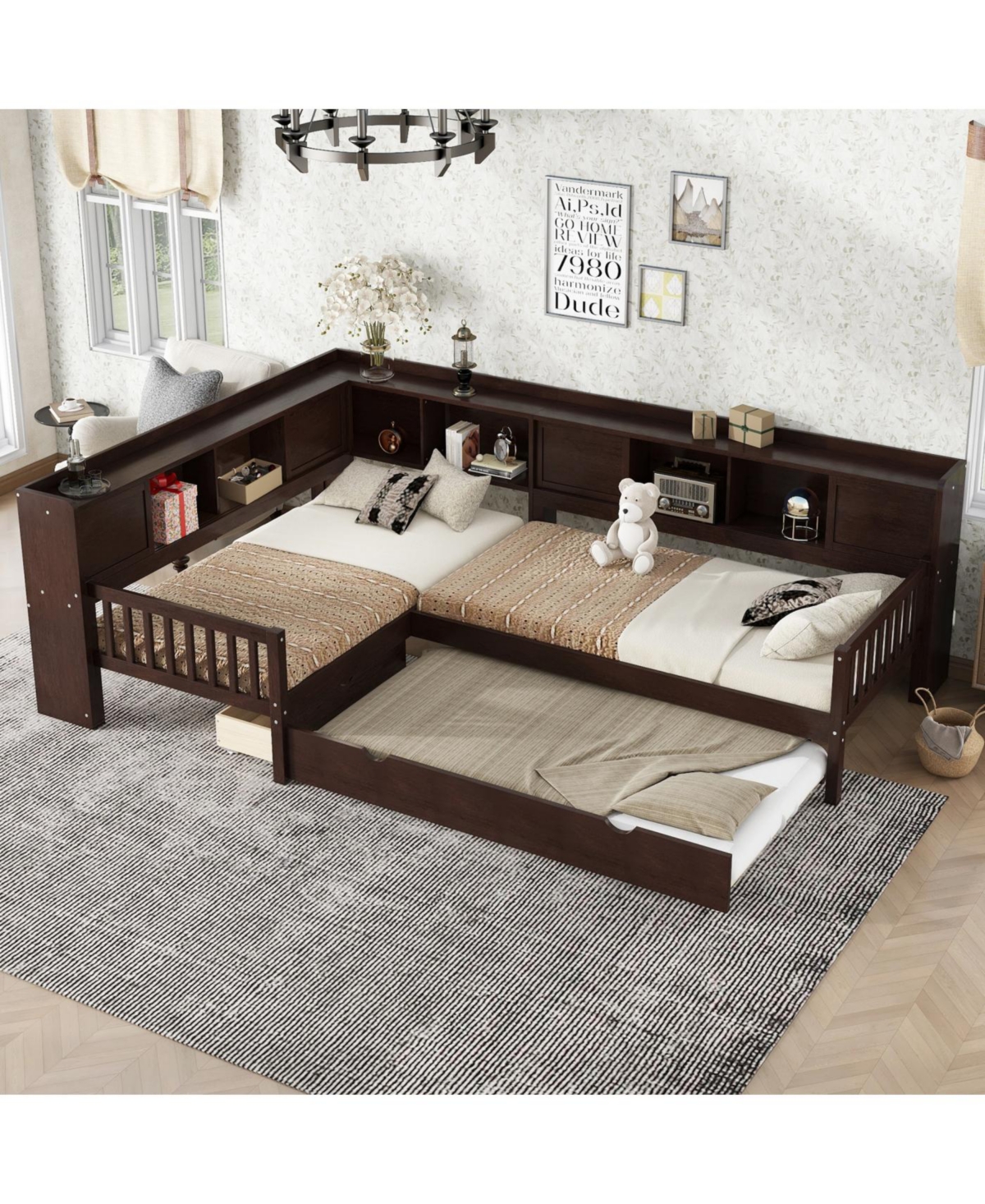 Streamdale Furniture L-shaped Twin Platform Bed w/ Trundle, Storage Drawers & Shelves, Espresso