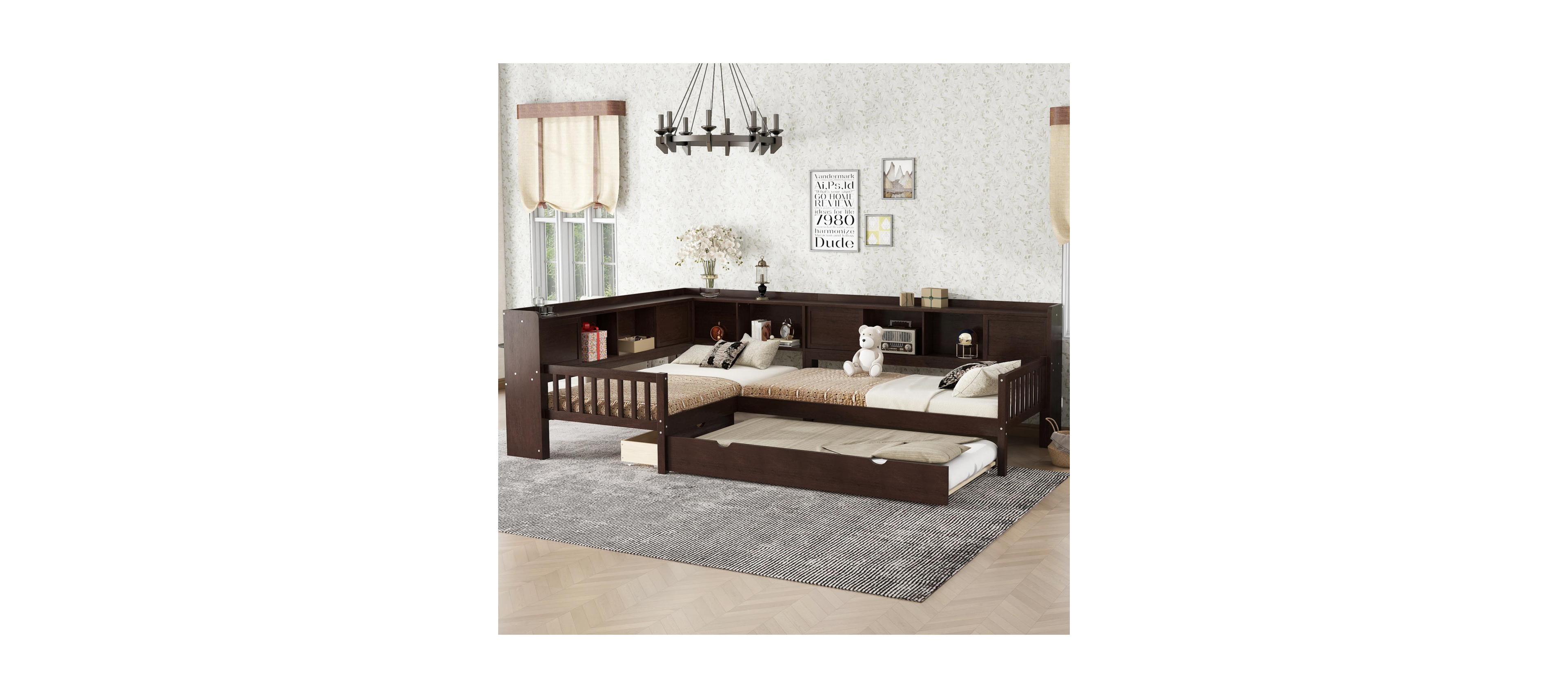 Streamdale Furniture L-shaped Twin Platform Bed w/ Trundle, Storage Drawers & Shelves, Espresso