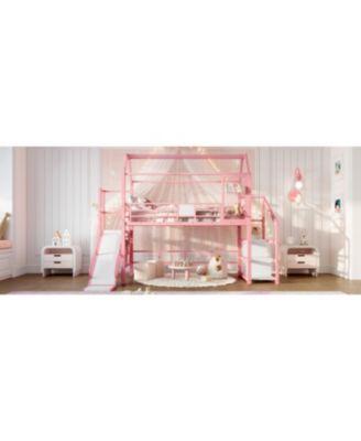 Twin Loft Bed with Slide, Stairs, Storage Shelves & Roof - Pink