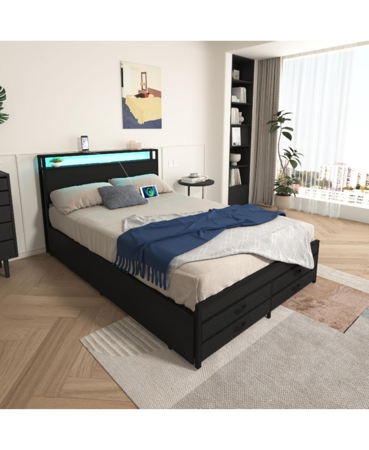 Streamdale Queen Size Bed Frame with 8 Storage Drawers & Led Headboard, Black