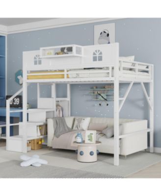 Metal Full Loft Bed with Stairs Wardrobe