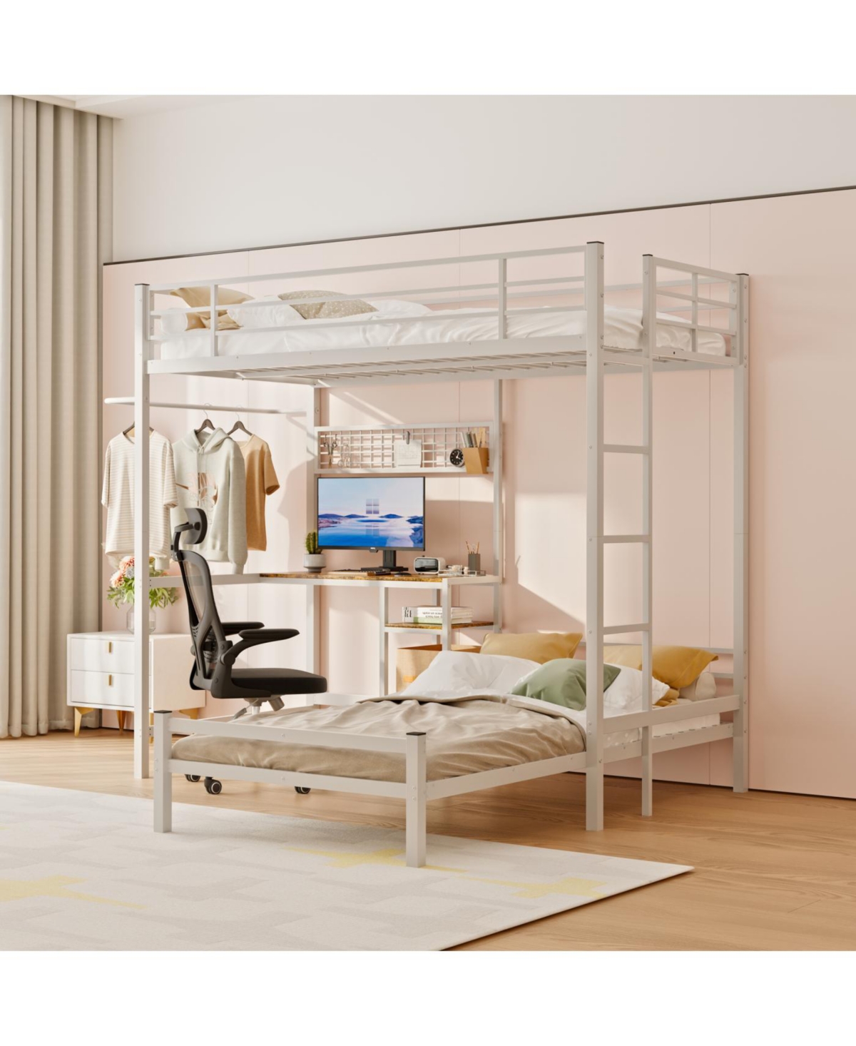 Streamdale Furniture Bunk Bed Twin Over Twin with Desk Station, L-Shaped Metal Loft Bed, White