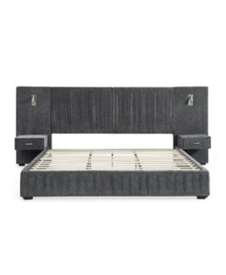 Queen Size Chenille Upholstered Bed Frame with Pleated Design - Dark Grey