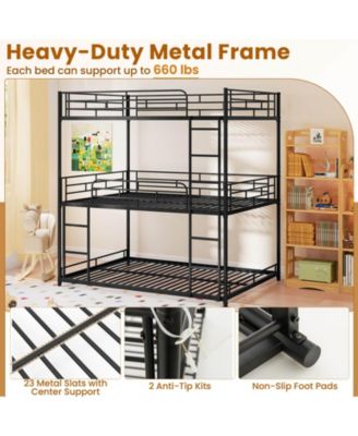 Full Over Full Over Full Metal Bed Frame Heavy-Duty Triple Bunk Bed w/Dual Ladders