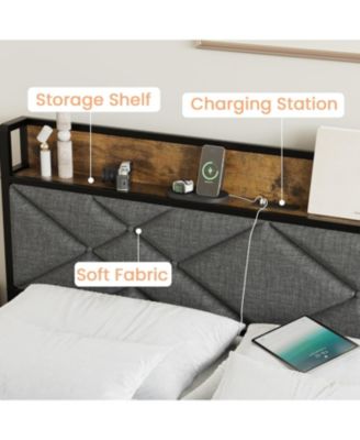 Metal Platform Bed Frame with Charging Station, Tufted Headboard, Storage Shelf & Steel Slats