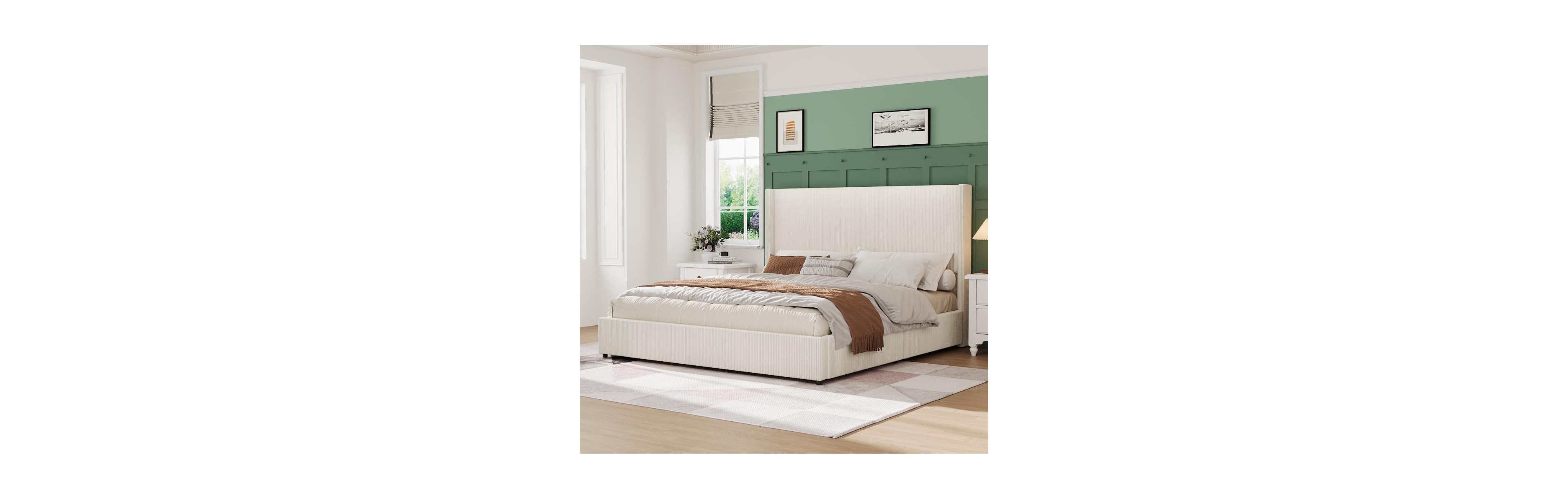 Gaomon + Upholstered Platform Bed [Thickness] Bookcase Headboard & 2 Storage Drawers [Bed
