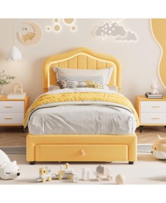 Twin Size LED Upholstered Bed Frame with Storage Drawer &acirc;€“ Velvet Princess Platform Bed for Kids/Girls, Sturdy Wood Slats, No Box Spring Needed