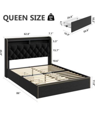 Queen Size Velvet Bed Frame with 4 Storage Drawers, Tufted Headboard, Nailhead Trim, No Box Spring Needed, Black