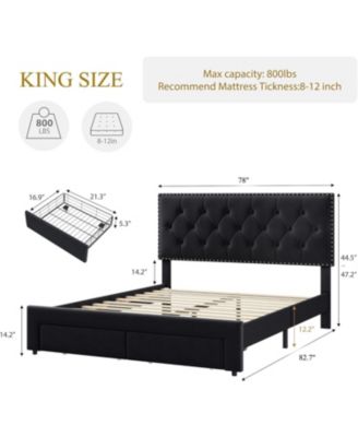 King Size Bed Frame with 2 Storage Drawers, Vintage Velvet Upholstered, Button Tufted Wingback Headboard, Black