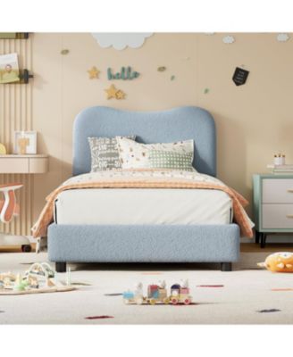 Twin Size Blue Boucle Kids Bed Frame with Upholstered Headboard, Low Profile, Heavy Duty Wooden Slats, No Box Spring Needed