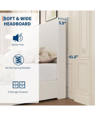 Queen Size Upholstered Platform Bed Frame with Storage Drawers, Corduroy Wingback Tufted Headboard & Footboard, Beige