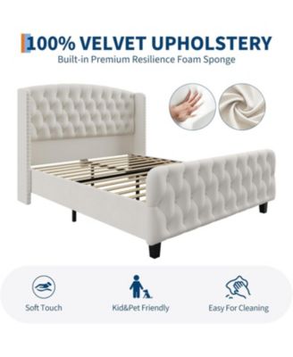 Queen Size 51" Tall Velvet Upholstered Platform Bed Frame, Deep Button Tufted Wingback Headboard & Footboard