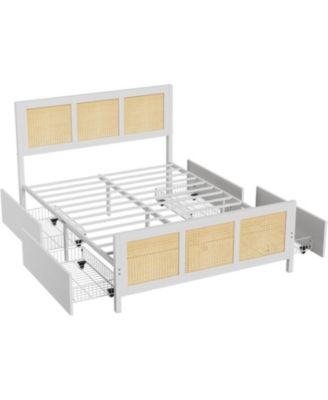 Queen Size Rattan Accent Storage Bed with 4 Drawers, Woven Front, LED Lights, MDF Frame