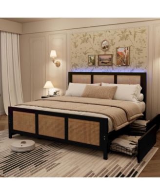 Queen Size Rattan Accent Storage Bed with 4 Drawers, Woven Front, LED Lights, MDF Frame