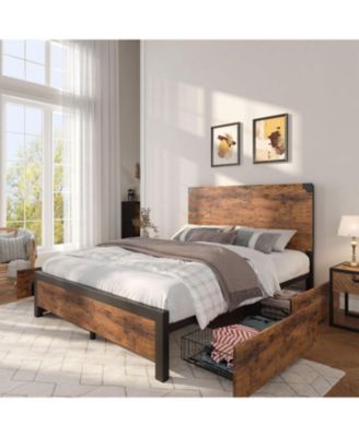 Full Size Metal Platform with Storage Drawers and Wooden Headboard, No Box Spring Bed Frame