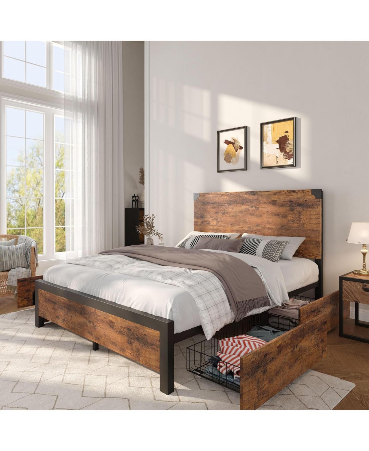 Gaomon Full Size Metal Platform with Storage Drawers and Wooden Headboard, No Box Spring Bed Frame