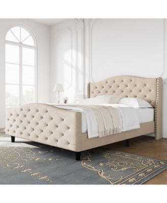 Queen Size Platform Bed Frame with Wingback Velvet Headboard Nailhead Trim Wooden Slats