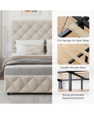 Full Size Platform Bed Frame Adjustable Headboard 4 Drawers Modern Grey Upholstered with Footboard Wood Slats