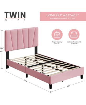 Twin Bed Frame with Adjustable Linen Upholstered Headboard Strong Wooden Slats No Box Spring Needed Easy Assembly