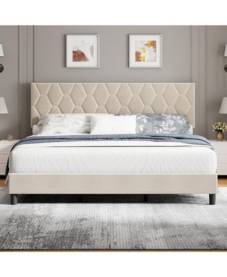 King-Size Heavy-Duty Platform Upholstered Headboard Strong Wood Slats No Box Spring Upholstered Bed Frame