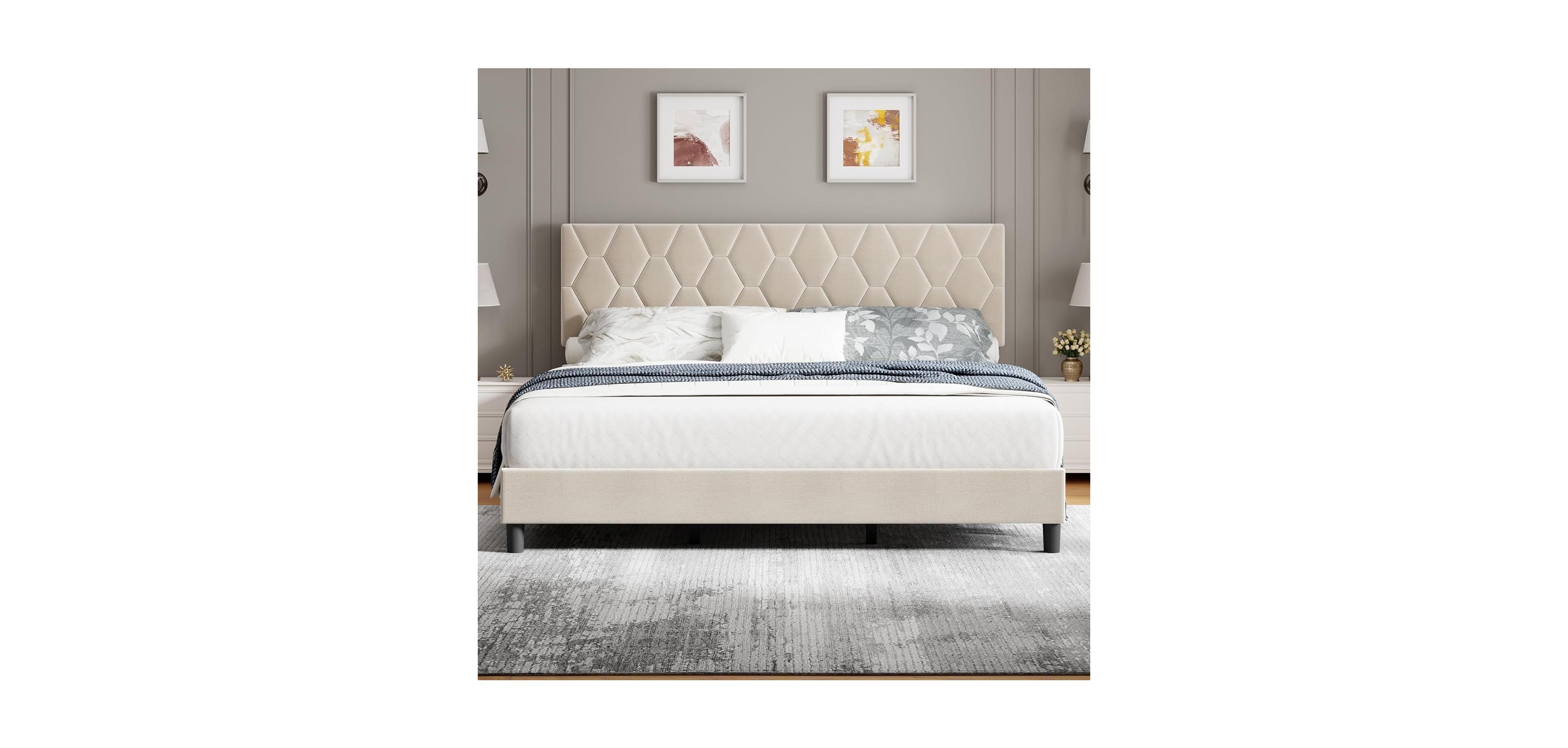 gaomon King-Size Heavy-Duty Platform Upholstered Headboard Strong Wood Slats No Box Spring Upholstered Bed Frame