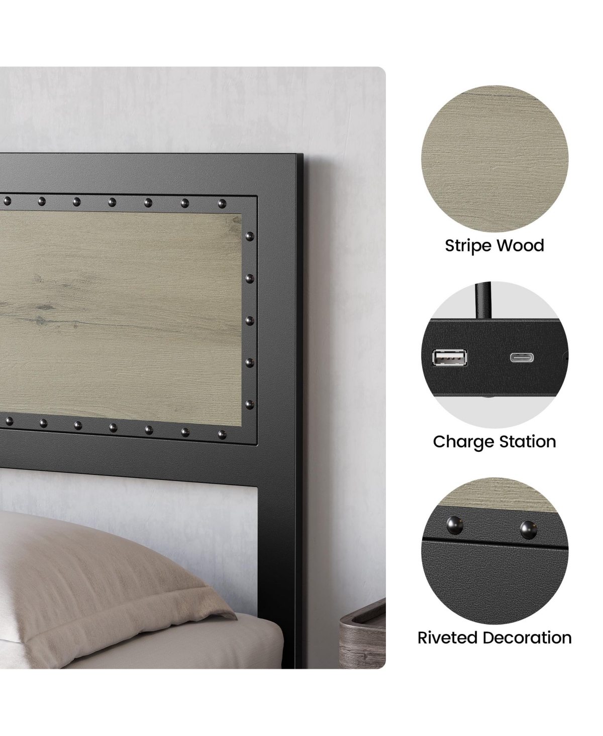 gaomon King Bed Frame Industrial Platform with Charging Station Headboard Metal Slats Easy Assembly Washed Grey