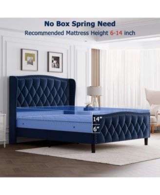 Full Bed Frame Blue Upholstered 4 Storage Drawers Wingback Headboard Charging Station Button Tufted