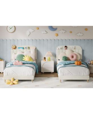 Set of 2 Twin Upholstered with Bookcase Headboard, Velvet Mattress Foundation, Steel Legs, Noise Free Platform Bed Frames