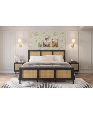 Queen Size Bed Frame Boho Cane Headboard Metal Platform