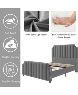 Queen Size Platform Bed Frame 50.2in Headboard Velvet Channel Tufted Footboard Nailhead Trim No Box Spring Grey