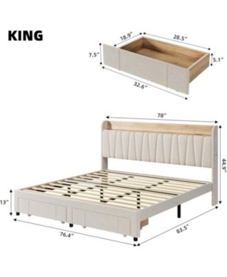 Upholstered Bed Frame Storage Headboard Platform Drawers Charging Station Noise Free No Box Spring Beige