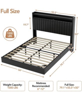 Full Size Floating Bed Frame RGB LED Lights Charging Station Storage Headboard 50in Headboard Upholstered Platform Black