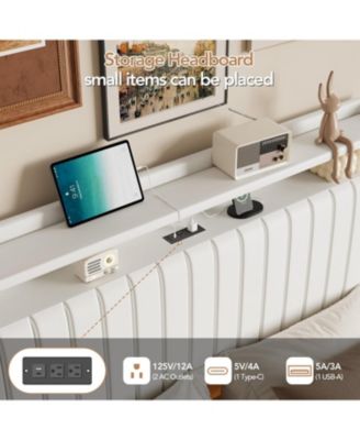 Queen Size Floating Bed Frame RGB LED Lights Charging Station Storage Headboard 50in Headboard Upholstered Platform White