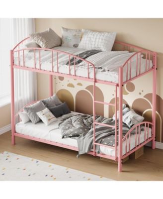 Metal Bunk Bed Twin Over Twin Heavy Duty Bunkbeds Arched Guardrail Safety Ladder Space-Saving Modern Pink