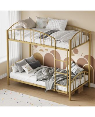 Metal Bunk Bed Twin Over Twin Heavy Duty Bunkbeds Arched Guardrail Safety Ladder Space-Saving Modern Gold