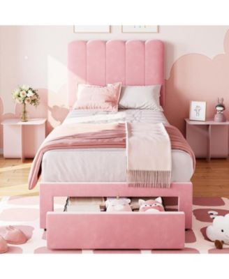 Twin Size Velvet Upholstered Bed Frame with Headboard and Storage Drawer Pink