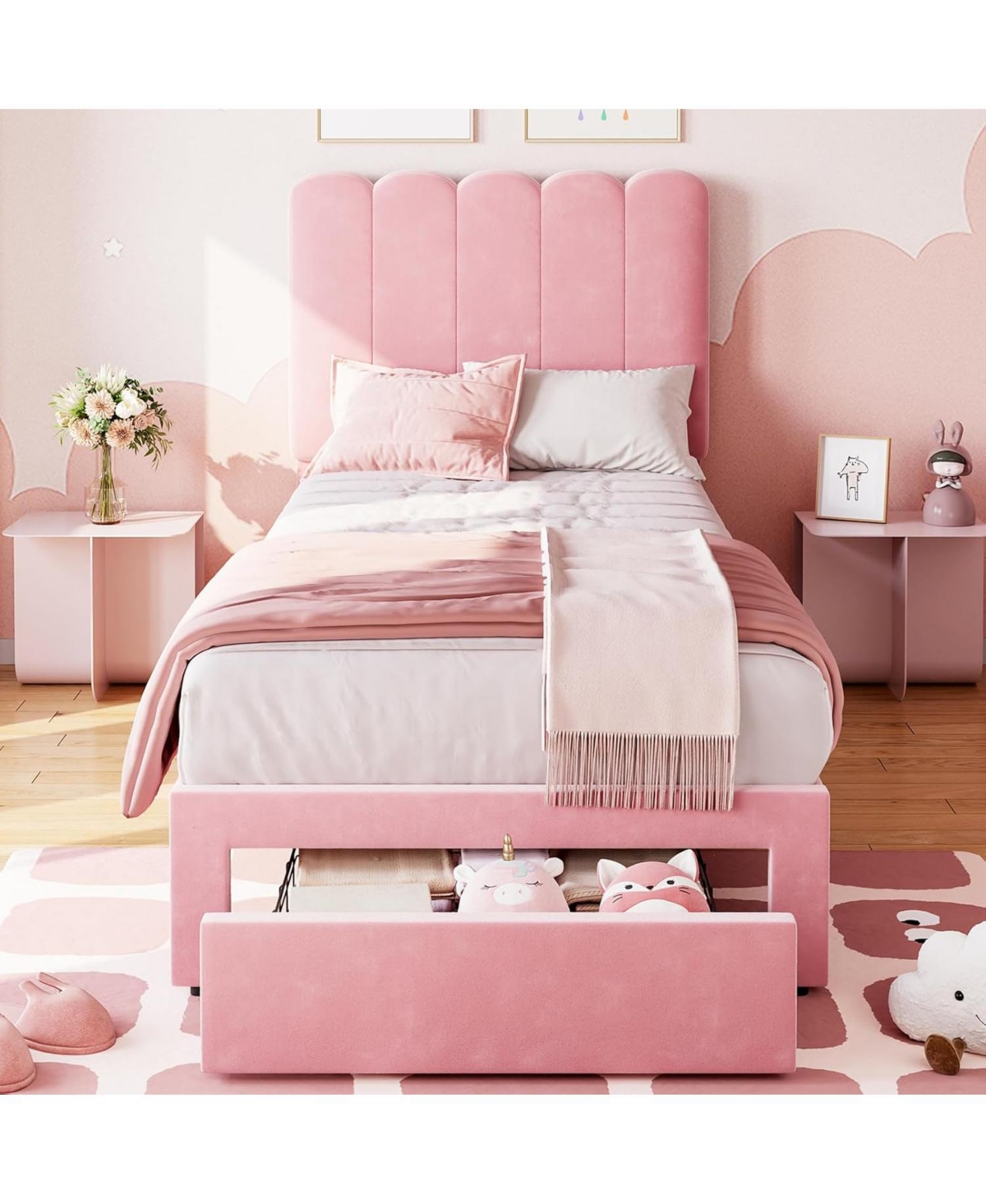 gaomon Twin Size Velvet Upholstered Bed Frame with Headboard and Storage Drawer Pink