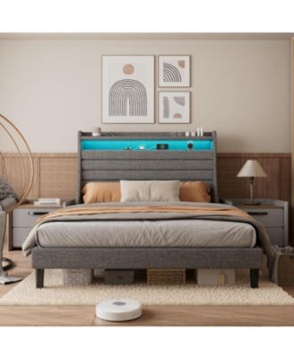 Queen Size Upholstered Platform Bed Frame with Headboard Charging Station LED Lights Wooden Slats No Box Spring