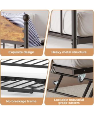 Twin Size Metal Daybed with Trundle Foldable Trundle Sofa Bed Stylish Headboard for Living Room, Bedroom, Guest Room Brown