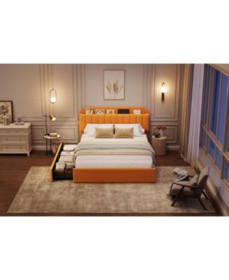 Full Size Boucle Upholstered Platform Bed Frame with Bookcase Headboard 2 Drawers for Boys Yellow No Box Spring