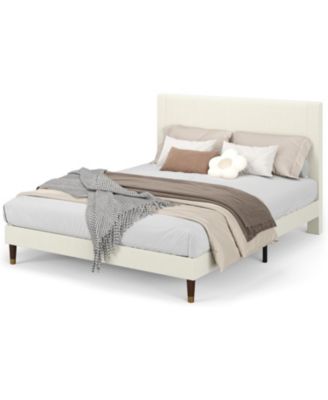 Queen Size Upholstered with Modern Fabric Headboard, Metal Frame, Wooden Slats, Double Support, No Box Spring Platform Bed Frame
