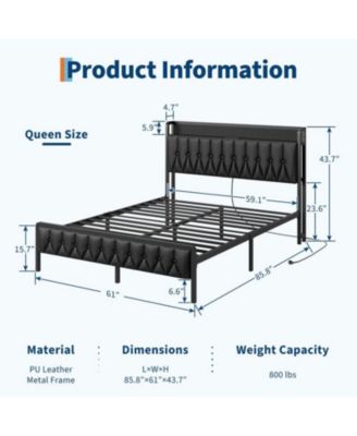 Queen Size Black Faux Leather Upholstered Platform Bed Frame with Storage Headboard Charging Station USB Ports Outlets