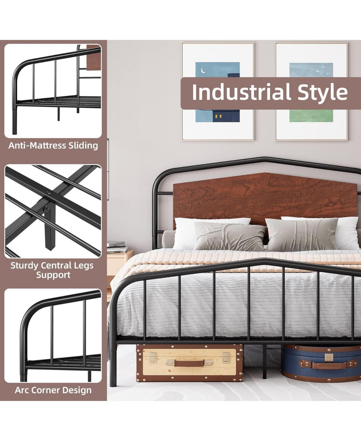 gaomon Easy Assembly Queen Size Industrial Metal Platform Bed Frame Space Saving, for Living Room, Guest Room