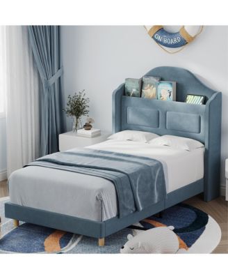 Velvet Upholstered LED Lights Wingback Headboard & Storage Platform Bed Frame - Twin