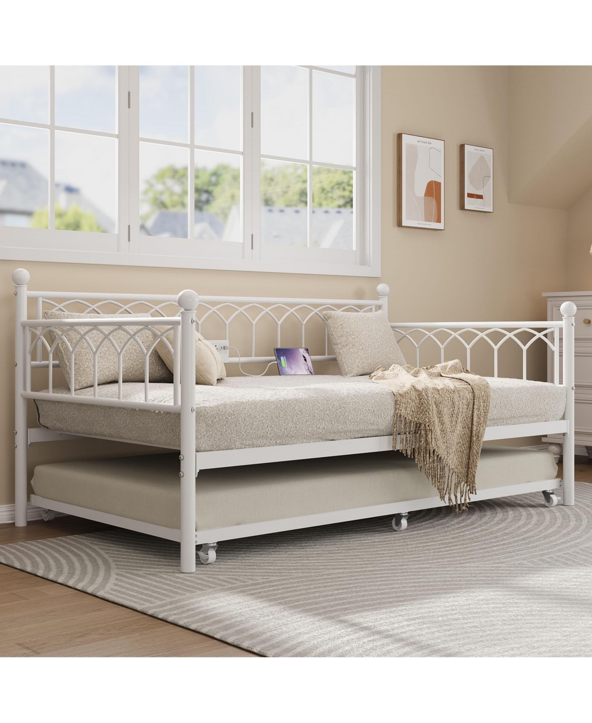 Gaomon + Twin + Wood/Metal (or specify actual material) + Charging Station & Led Lights + Daybed with Trundle